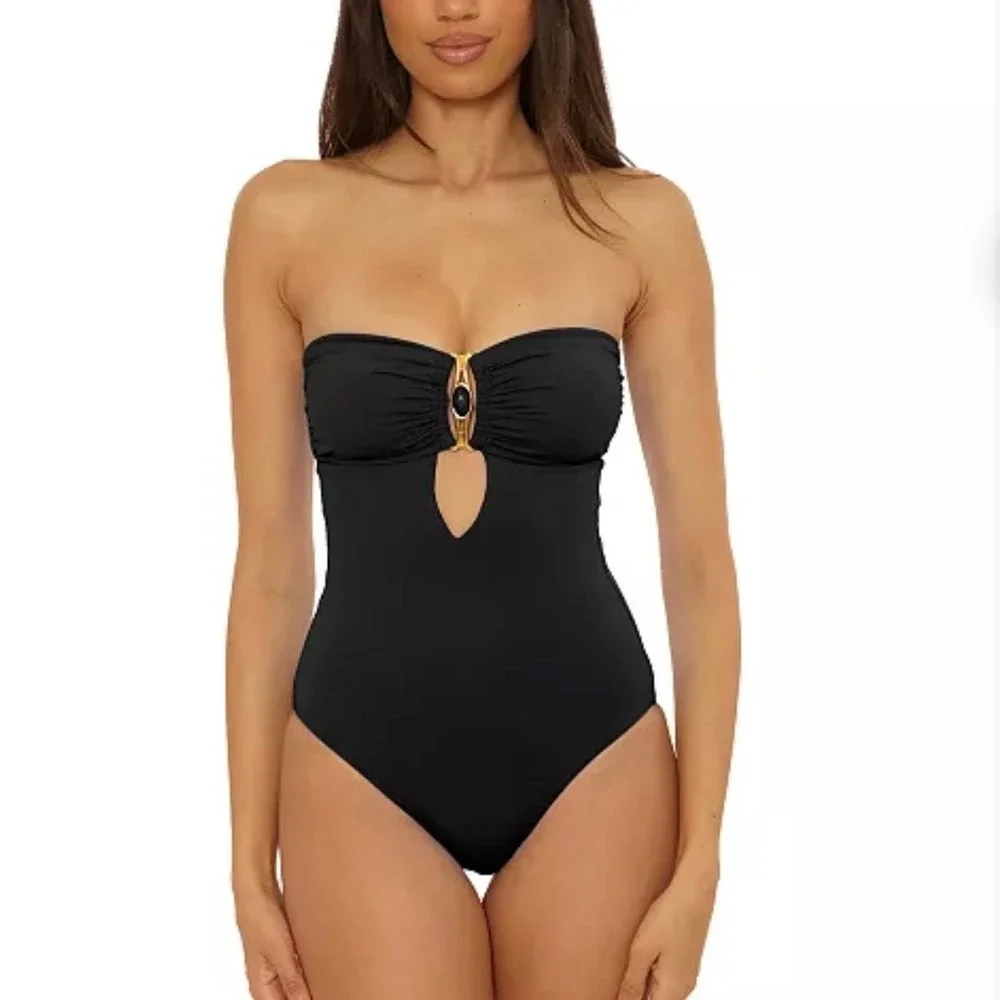 BECCA Rock Solid Gold Buckle Bandeau One Piece Swimsuit Black Medium NWOT